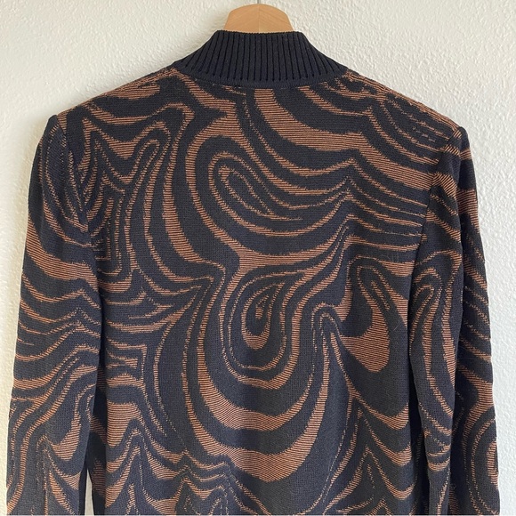 ST. JOHN SPORT Black Brown Wool Blend Swirl Print Mock Neck Full Zip Up Sweater - Picture 6 of 9